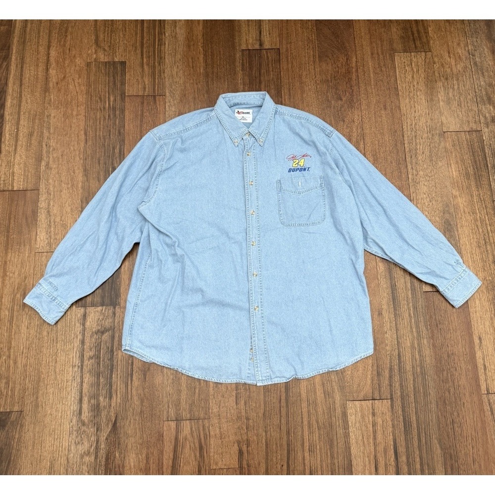 Rare VTG CHASE AUTHENTICS Jeff Gordon Racing Team Casual Denim Jean Shirt 90s XL